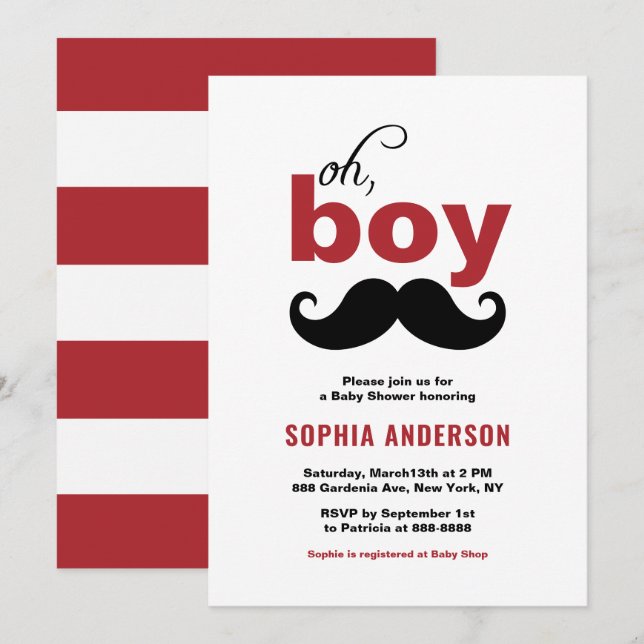 Classic Red Es ist ein Baby-Shower von Boy Mustach Einladung (Vorne/Hinten)