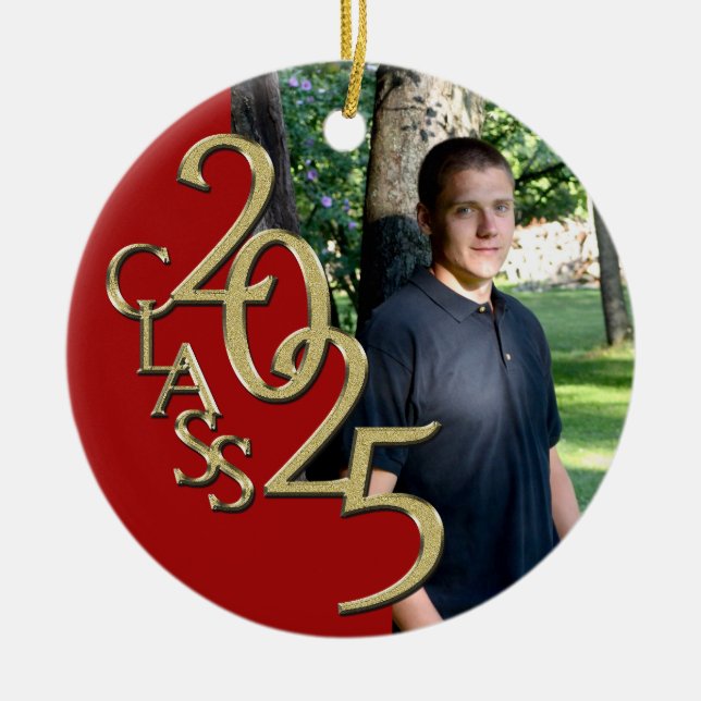Classic Red Gold 2025 Graduate Foto Keramik Ornament (Vorne)