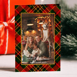 Classic Red, Green, Gold Christmas Plaid 1-Photo Feiertagskarte<br><div class="desc">This classic and traditional holiday greeting features a one-photo portrait-aspect photo template with a gold border and two text fields on a rich red,  green and gold diagonal Christmas plaid background.</div>
