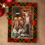 Classic Red, Green, Gold Christmas Plaid 1-Photo Feiertagskarte<br><div class="desc">This classic and traditional holiday greeting features a one-photo portrait-aspect photo template with a gold border and two text fields on a rich red,  green and gold diagonal Christmas plaid background.</div>