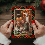 Classic Red, Green, Gold Christmas Plaid 1-Photo Folien Feiertagskarte<br><div class="desc">This classic and traditional holiday greeting features a one-photo portrait-aspect photo template with a gold border and two text fields on a rich red,  green and gold diagonal Christmas plaid background.</div>