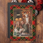 Classic Red, Green, Gold Christmas Plaid 1-Photo Magnetkarte<br><div class="desc">This classic and traditional holiday greeting features a one-photo portrait-aspect photo template with a gold border and two text fields on a rich red,  green and gold diagonal Christmas plaid background.</div>