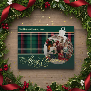 Classic Red Green Kariert Christmas Bulb Foto Folien Feiertagspostkarte