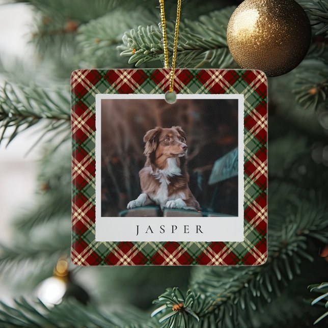 Classic Red Green Kariert Personalisiert Pet Dog F Keramikornament (Von Creator hochgeladen)