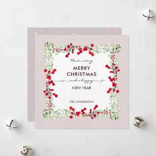 Classic Red Green Winter Botanical Soft Peach XMas Feiertagskarte
