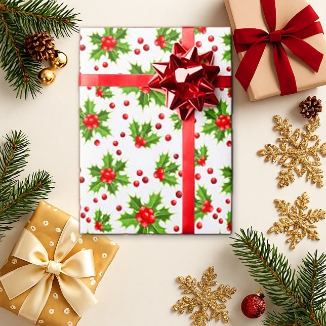 Classic Red Holly Weihnachts-Blumenpapier Geschenkpapier (Von Creator hochgeladen)