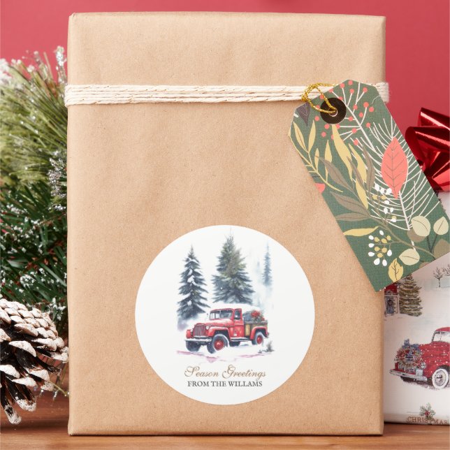 Classic Red Jeep Schnee Weihnachtsbaum Personalisi Runder Aufkleber (Feiertag)