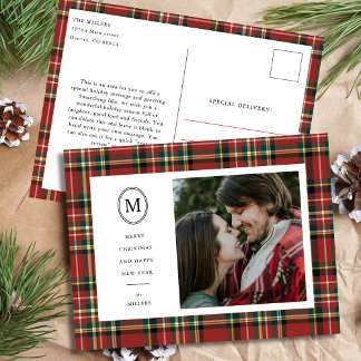 Classic Red Kariert Christmas Name Monogram 1 Foto Feiertagspostkarte