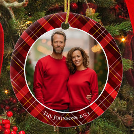 Classic Red Kariert Tartan Weihnachtsfamilien Foto Keramik Ornament