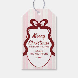 Classic Red Pink Stripes & Bow Frame Christmas  Geschenkanhänger