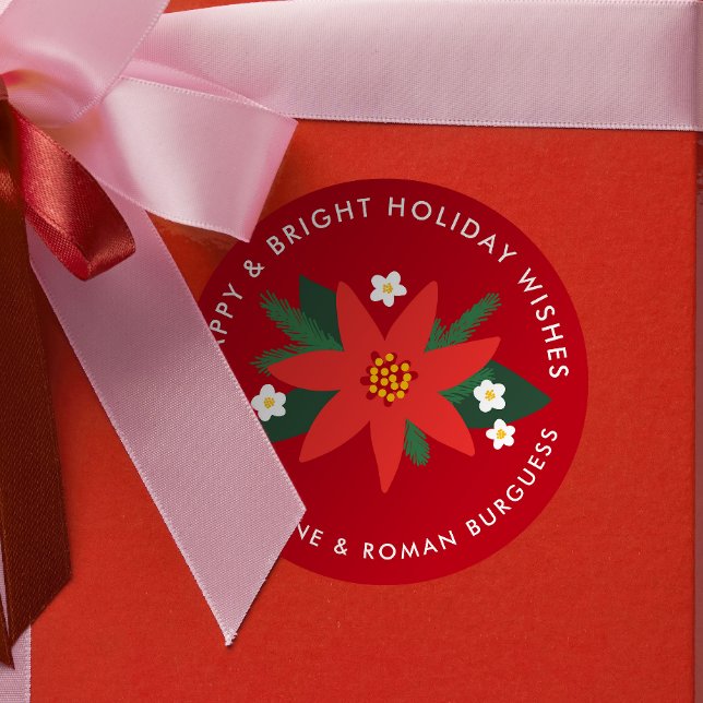 Classic Red Poinsettia Weihnachtsgeschenk Runder Aufkleber (dark cherry red modern poinsettia custom text Christmas gift sticker)