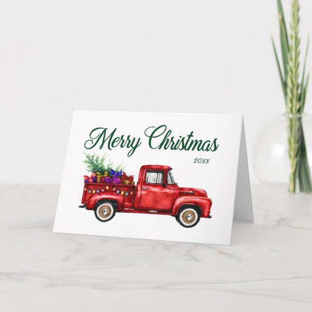 Classic Red Truck Tree Geschenke Frohe Weihnachten Karte (Vorderseite)