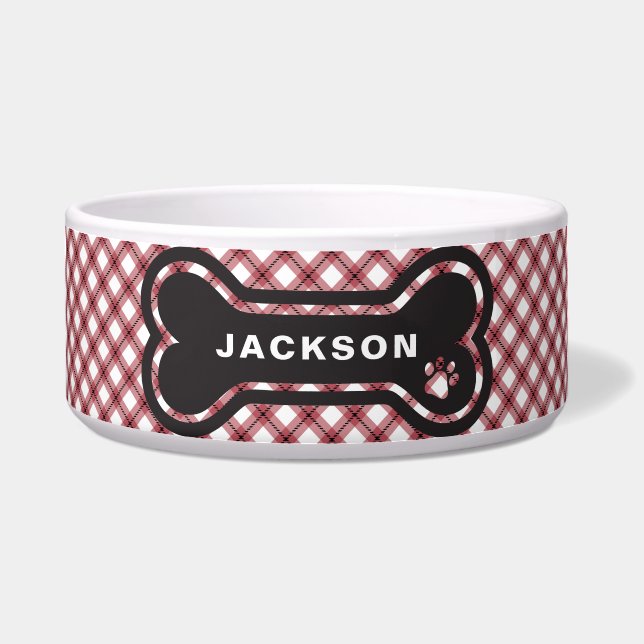 Classic Red & White Argyle Plaid Dog Bone Napf (Vorderseite)