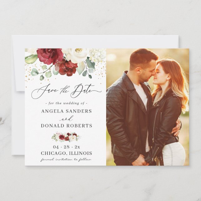 Classic Red White Floral Gold Confetti Wedding Save The Date (Vorderseite)