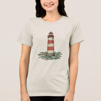 Classic Red & White Lighthouse with Ocean Waves Tri-Blend Shirt