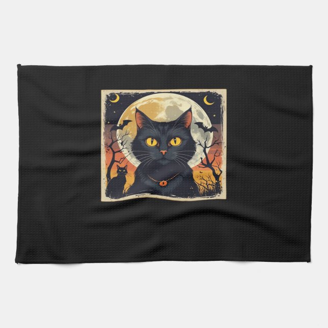 Classic Retro Black Cat Halloween T - Shirt Classi Geschirrtuch (Horizontal)