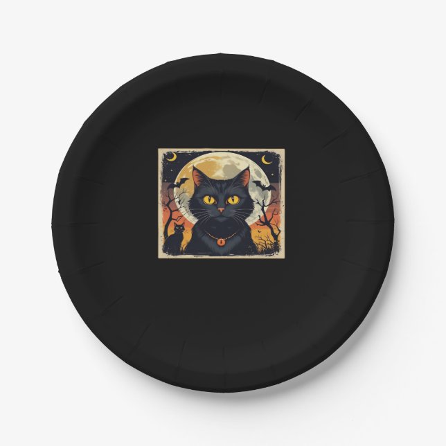 Classic Retro Black Cat Halloween T - Shirt Classi Pappteller (Vorderseite)