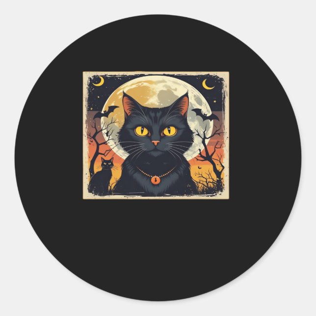 Classic Retro Black Cat Halloween T - Shirt Classi Runder Aufkleber (Vorderseite)