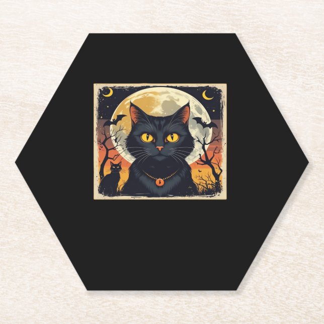 Classic Retro Black Cat Halloween T - Shirt Classi Untersetzer (Vorderseite)