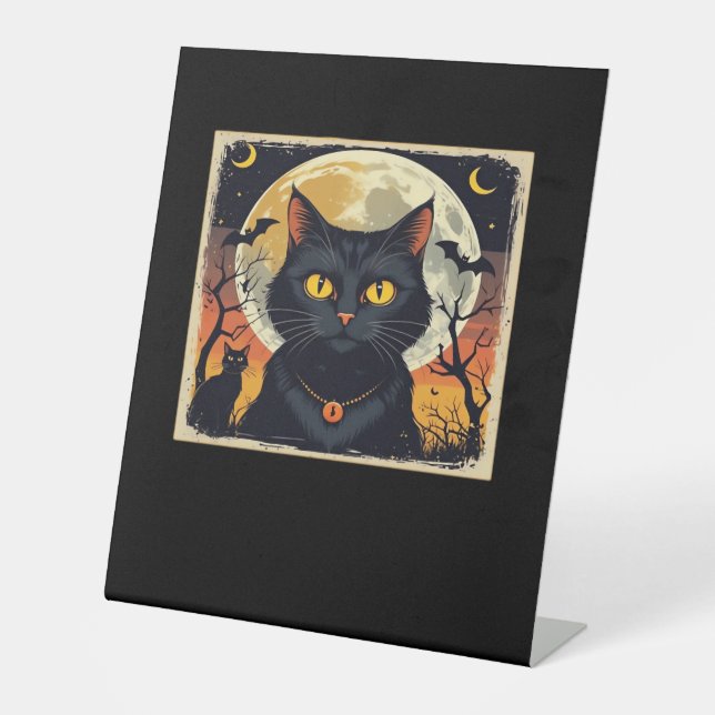 Classic Retro Black Cat Halloween T-Shirt Classic  Sockelschild (Vorderseite)