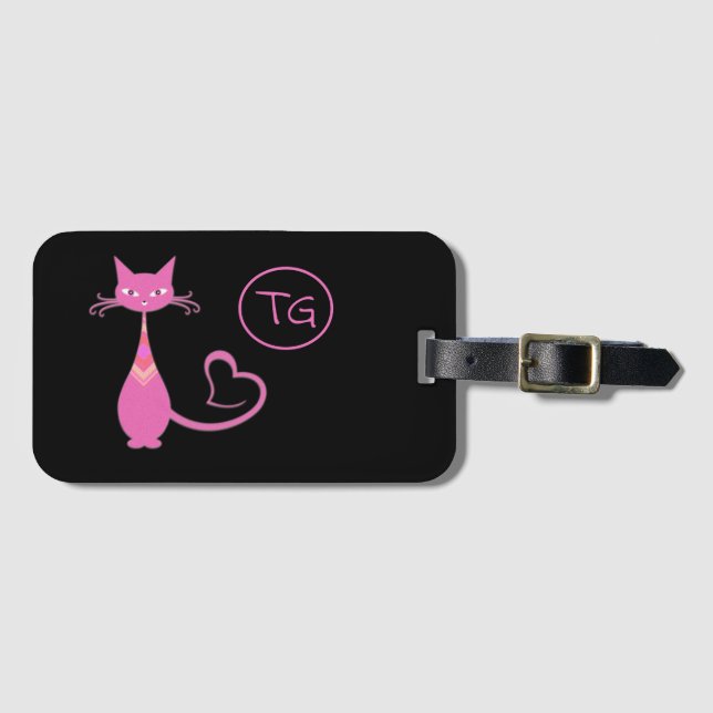 Classic Retro Pink Kitty Cat Schwanz Monogramm Gepäckanhänger (Vorderseite (Horizontal))