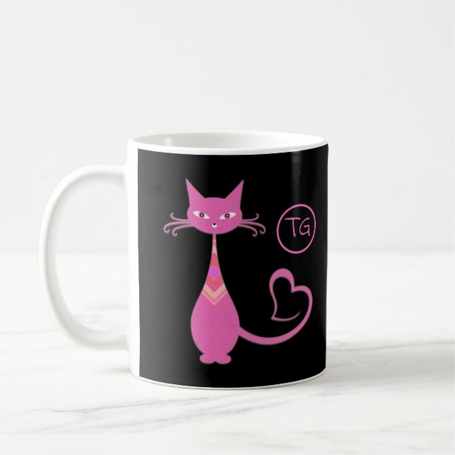 Classic Retro Pink Kitty Cat Schwanz Monogramm Kaffeetasse (Links)