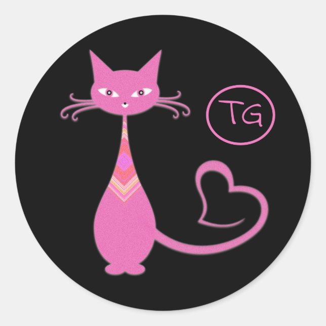 Classic Retro Pink Kitty Cat Schwanz Monogramm Runder Aufkleber (Vorderseite)
