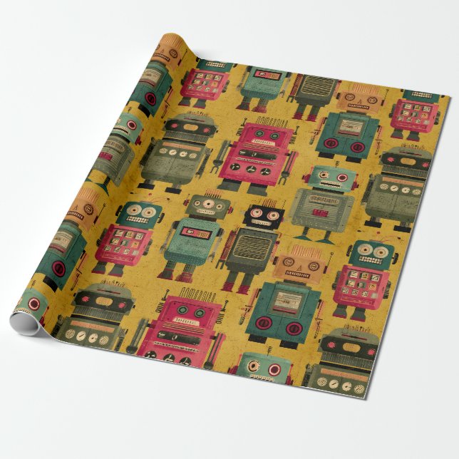 Classic Retro Robot Pattern Wrapping Paper Geschenkpapier (Ungerollt)