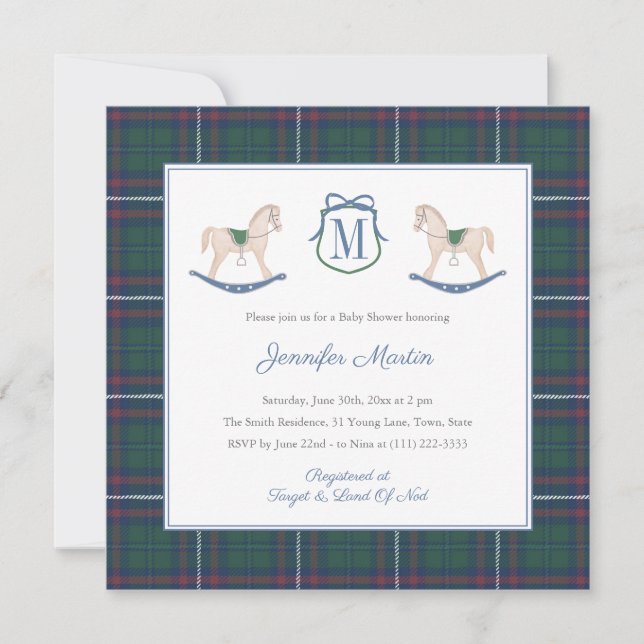 Classic Rocking Horse Tartan Winter Baby Shower Einladung (Vorderseite)