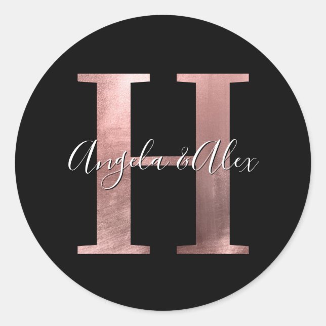 Classic Rose Gold Foil Wedding Monogram H Black Runder Aufkleber (Vorderseite)