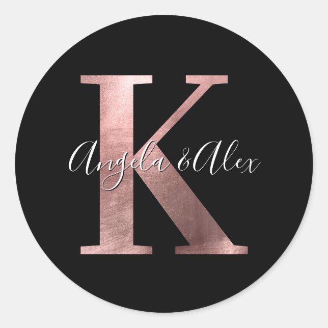 Classic Rose Gold Foil Wedding Monogram K Black Runder Aufkleber (Vorderseite)
