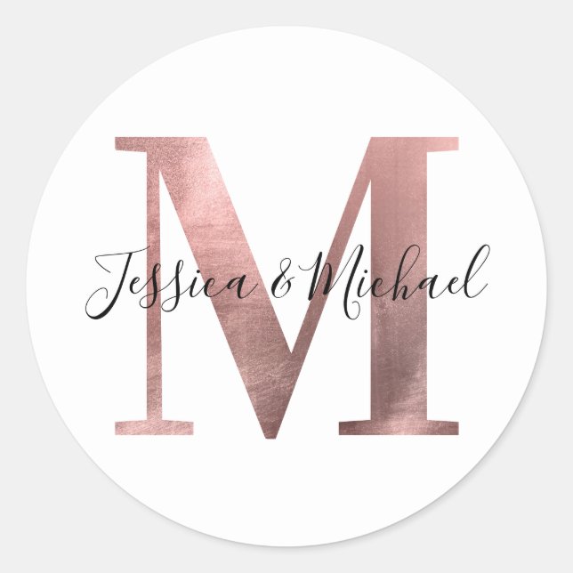 Classic Rose Gold Foil Wedding Monogram M Runder Aufkleber (Vorderseite)