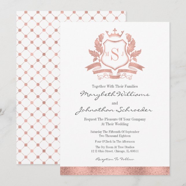 Classic Rose Gold Wappen Einladungs-Karte Einladung (Vorne/Hinten)