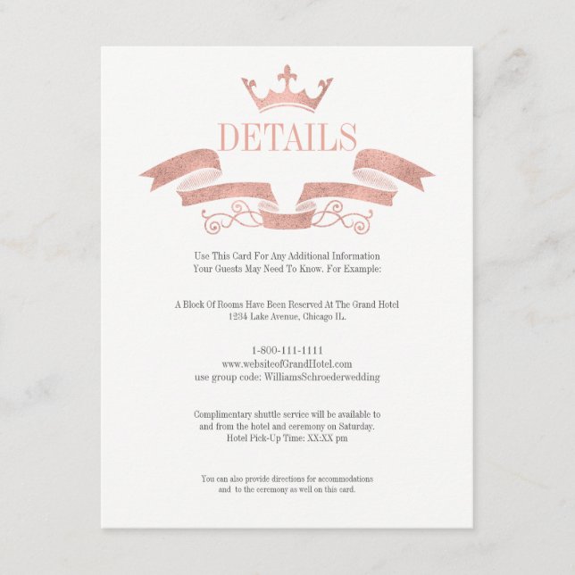 Classic Rose Gold Wappen Wedding Details Card Begleitkarte (Vorderseite)