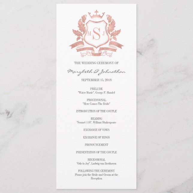 Classic Rose Gold Wappen Wedding Program Programm (Vorderseite)