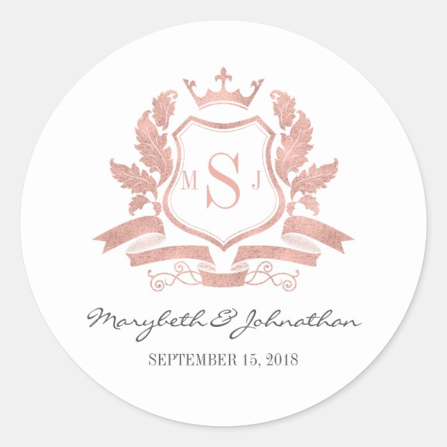Classic Rose Gold Wappen Wedding Sticker (Vorderseite)