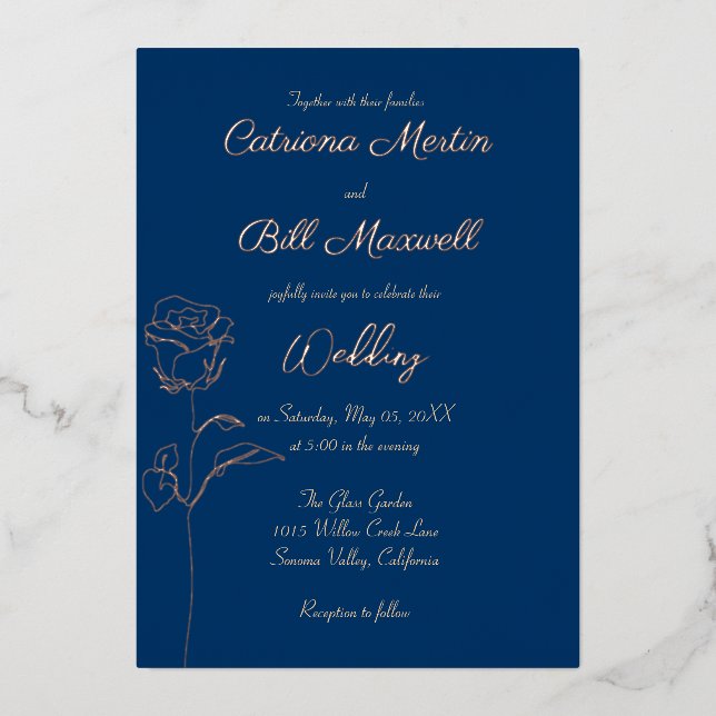 Classic Royal Blue & Rose Foil Wedding Einladung (Vorderseite)