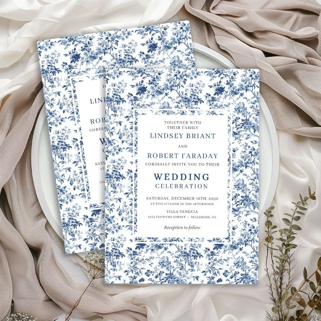 Classic Royal Blue Toile Wedding Invitation Style Einladung (Classic Royal Blue Toile Wedding Invitation Style)