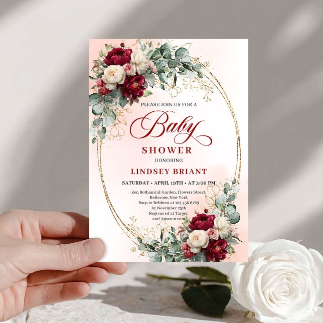 Classic Rustic Deep Red Floral Baby Shower Invite Einladung (Classic Rustic Deep Red Floral Baby Shower Invite)