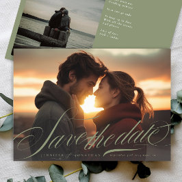 Classic Sage Green Calligrafy QR Code Two Foto Save The Date