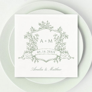 Classic Sage Green Floral Wappen Monogramme Hochze Serviette