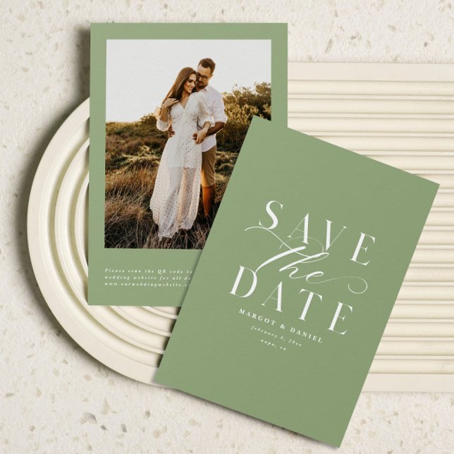 Classic Sage Green Foto Save the Date QR Code (Von Creator hochgeladen)