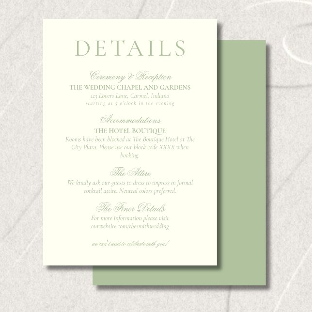 Classic Sage Green Minimalist Wedding Details Begleitkarte (Classic Sage Green Minimalist Wedding Details Enclosure Card)