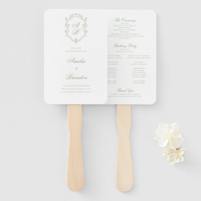 Classic Sage Green Monogram Crest Wedding Program Fächer (Vorne und Hinten)
