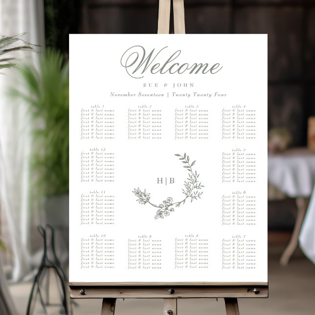 Classic Sage Green Monogram Wreath Floral Wedding Poster (Von Creator hochgeladen)