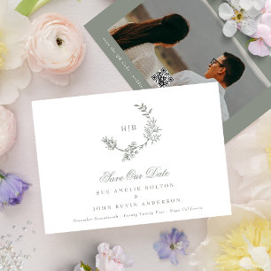 Classic Sage Green Monogram Wreath Wedding QR CODE Save The Date