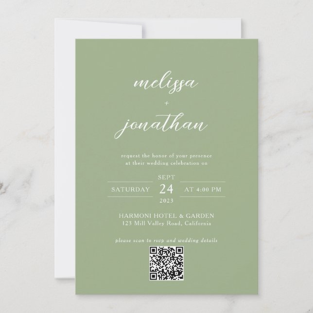 Classic Sage Green Photo Monogram QR Code Wedding Einladung (Vorderseite)