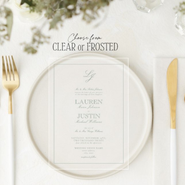 Classic Sage Green Script Monogram Wedding Acryleinladungen (Von Creator hochgeladen)