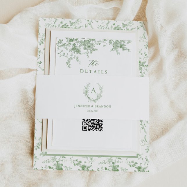 Classic Sage Green Toile Monogram Wedding Einladungsbanderole (Von Creator hochgeladen)
