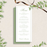 Classic Sage Green & White Border Script Wedding Menükarte<br><div class="desc">This classic wedding menu features a soft sage green and white color palette with an elegant border and timeless script typography. Designed with a refined front-and-back layout, the front showcases your curated menu while the coordinating back adds a polished, finished look to each card. Perfect for formal, garden, and classic...</div>